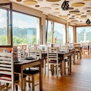 Glass-walled dining room